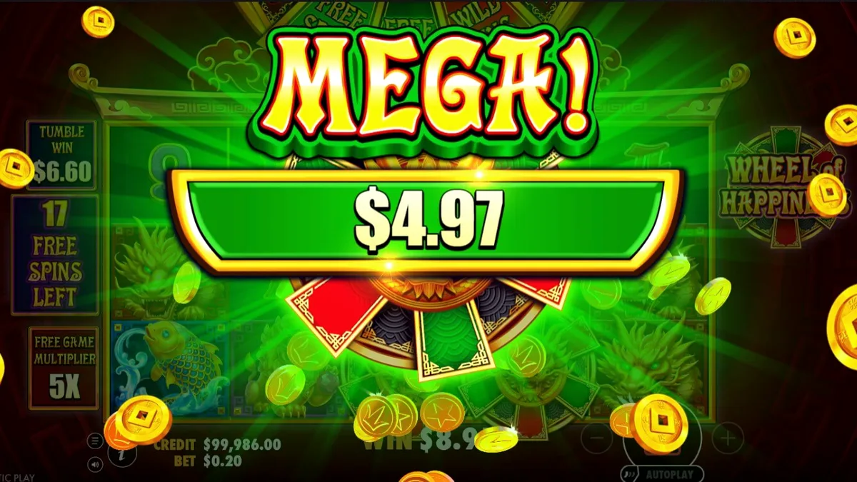 Tampilan visual slot Wheel of Happiness dengan simbol naga emas dan latar belakang oriental