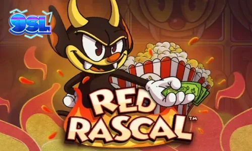 Tampilan visual karakter Red Rascal di depan latar belakang taman hiburan yang penuh warna.